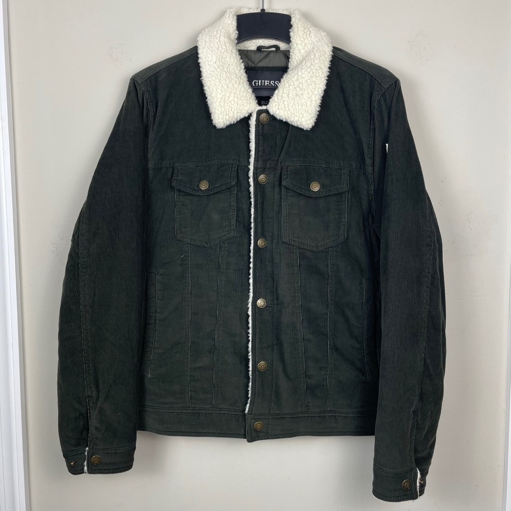 Guess Corduroy Sherpa Jacket Mens Large Trucker Workwear Button Close Green NWOT